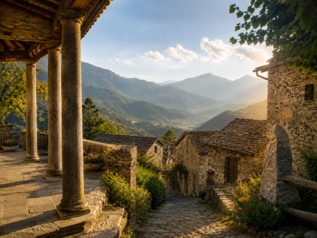 Veduta di Oise tra antiche case in pietra e montagne